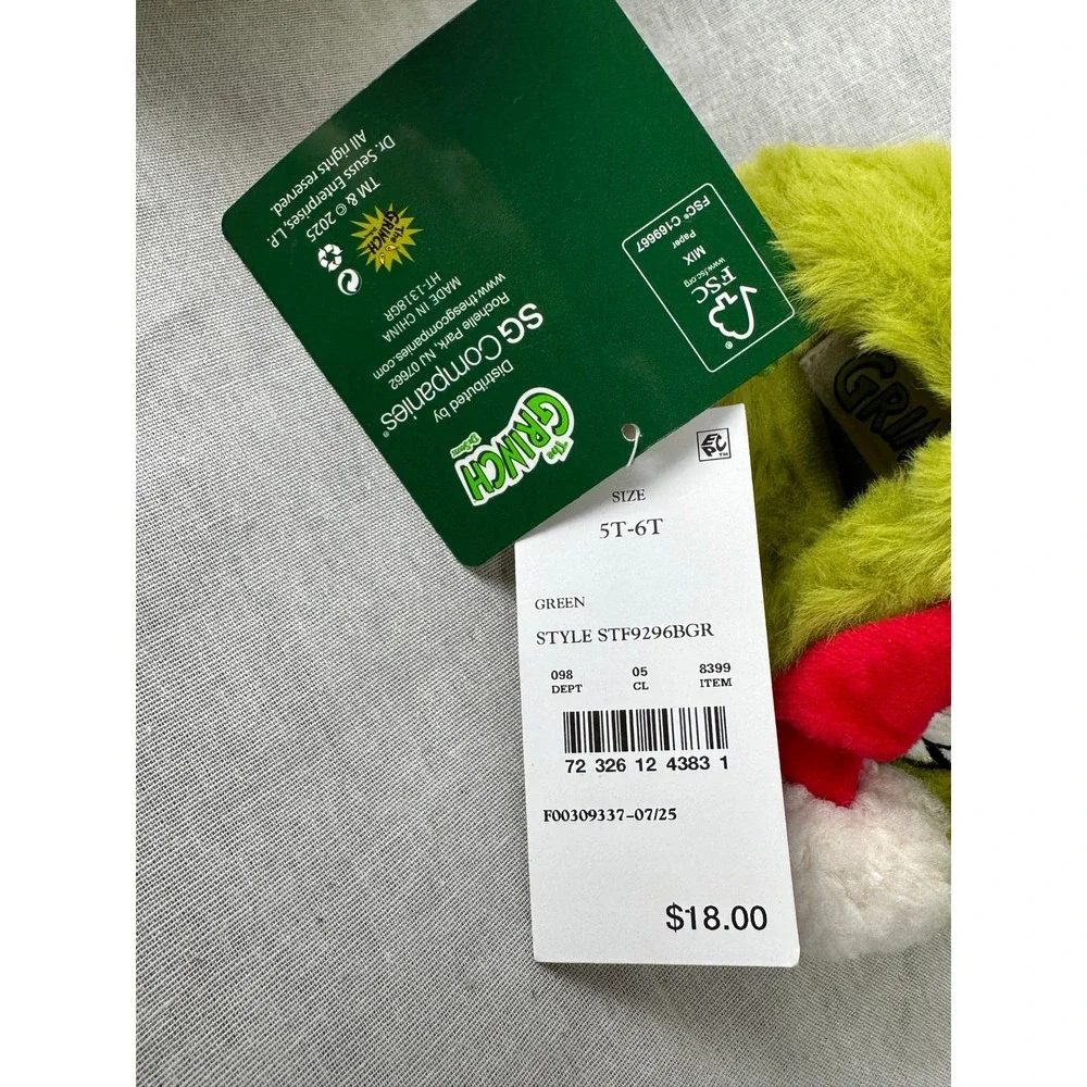 Dr Seuss‎ The Grinch Christmas Plush Slippers Green Santa Hat Toddler 5T-6T NEW